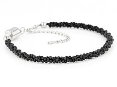 2mm round black spinel rhodium over sterling silver bracelet. Measures approximately 7.25"L X 0.16"W. Magnetic clasp closure with 2" extender Adjustable Black Bracelets With Lobster Clasp, Adjustable Black Chain Bracelet, Adjustable Jewelry With Round Black Diamonds, Adjustable Round Jewelry With Black Diamonds, Adjustable Jewelry With Black Diamonds, Elegant Black Bracelet With Lobster Clasp, Adjustable Black Diamond Round Jewelry, Elegant Black Hypoallergenic Bracelets, Adjustable Silver Bracelet With Black Diamonds