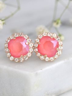 Coral Earrings Bridal Coral Earrings Peach Studs by ilona rubin #coralearrings, #peachearrings, #bridalearrings Coral Earrings For Gift, Orange Pierced Earrings For Wedding, Pink Earrings For Bridesmaid Gift, Coral Wedding Earrings, Hair To The Side, House Earrings, Coral Crystal, Opal Drop Earrings, Orange Earrings