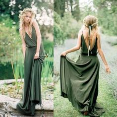 two pictures of a woman in a long green dress with her back to the camera