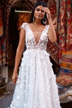 Derya Gown - Sheer Bridal Gown with Low Back & 3D Floral Details Sheer Bridal Gown, Crystal Gown, White Statement Earrings, Spring Garden Wedding, Wedding Inspirasi, Little Outfits, Wedding Look, Bridal Look, Bridal Looks