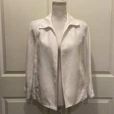 Talbots White Collared Jacket In 100% Irish Linen. Open Styling (No Buttons, Zippers Or Other Closures). Two Side Pockets. About This Closet: Each Item Is From My Current, Personal Wardrobe And Is Well Cared For, Cherished And Gently Pre-Loved! The Price Listed Is The Lowest Price I Am Willing To Give It Up For. For This Reason, I Do Not Consider Offers. If You Love It, Click Buy Now To Make It Yours! White Tailored Casual Outerwear, White Linen Outerwear With Lapel Collar, White Linen Outerwear For Fall, Elegant White Linen Outerwear, Classic Long Sleeve Linen Outerwear, White Cotton Collared Outerwear, Elegant White Collared Outerwear, Tailored White Linen Outerwear, White Linen Outerwear With Pockets