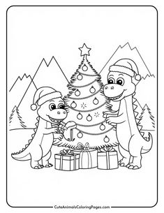 Two playful dinosaurs decorating a Christmas tree in a snowy landscape, surrounded by presents, perfect for a coloring activity. Cute Animals Coloring Pages, Kids Colouring Printables, Dinosaur Coloring Sheets, Cute Animals Coloring, Free Planner Pages, Relaxing Coloring Pages, Kids Christmas Coloring Pages, Animals Coloring Pages, Christmas Dinosaur