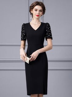 Elegant V-neck Banquet Dress, Elegant Black Evening Dress For Wedding Guest, Elegant V-neck Midi Dress For Banquet, Elegant Sheath V-neck Dress For Formal Occasions, Fitted V-neck Dress With Short Sleeves For Wedding, Elegant Knee-length Mother Of The Bride Dress, Black Fitted Dress For Mother Of The Bride, Dressy V-neck Wedding Dress, Elegant V-neck Dress For Banquet