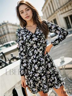 Ebeek - Stylish Floral Print V-neck Dress: Long Sleeve, Fashionable Loose Fit, Womens Casual Attire Floral Print Long Sleeve V-neck Dress For Brunch, Fitted V-neck Floral Dress For Day Out, Chic V-neck Floral Dress For Fall, Elegant V-neck Mini Dress With Floral Print, Non-stretch Floral Print V-neck Midi Dress, Non-stretch V-neck Mini Dress For Brunch, Casual Floral V-neck Dress For Day Out, Fitted V-neck Floral Dress, V-neck Mini Dress With Floral Print For Brunch