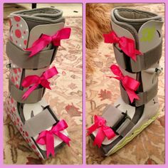 Decorated walking air cast/boot with painted polka dots, monogram, chevron & grosgrain bows. Bedazzled Walking Boot Cast, Boot Cast Decorating Ideas Leg, Decorated Walking Boot, Medical Boot Decorations Diy, Crutches Decorated