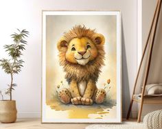 a painting of a lion sitting on the floor next to a potted plant in a room