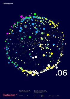 the poster for dataism 2 is shown in blue and yellow, with dots all over it