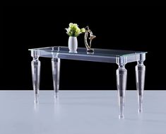 a clear glass table with two legs and a flower vase on the top, in front of a black background