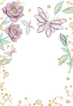 flowers and butterflies on a white background with gold glitters in the corner, surrounded by bubbles