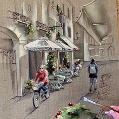 a drawing of people riding bicycles in front of a building with tables and chairs on the sidewalk