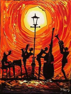 an acrylic painting of people playing instruments in front of a street light at sunset