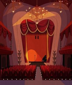 an illustration of a stage with red curtains and a piano in the foreground, surrounded by rows of seats