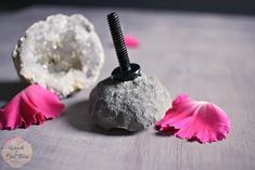 a rock with a screw sticking out of it next to pink flowers on a table