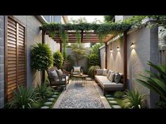 an outdoor living area with couches, tables and plants