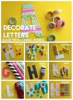 the letters are made from cereal boxes and paper machs, with different types of crafting supplies