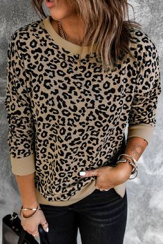 Black and White Leopard Pull Over Shirt Brown and Black Leopard Pull Over Shirt Material: 95%Polyester 5%Elastane Leopard Print Sweatshirt, Long Sleeve Tops Casual, Sleeves Clothing, 가을 패션, Ripped Denim, Print Pullover, Casual Sweatshirt, Casual Fall, Top Casual