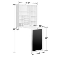 an image of a white desk with shelves and drawers on the bottom half, measurements