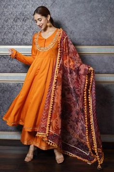 Shop for Leela by A Orange Chanderi Anarkali Palazzo Set for Women Online at Aza Fashions Orange Anarkali, Chanderi Anarkali, Printed Organza, Mustard Orange, Indian Fashion Trends, Casual Luxe, Orange Floral Print, Wedding Guest Style, Anarkali Kurta