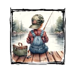 a painting of a person sitting on a dock with a fishing rod in his hands