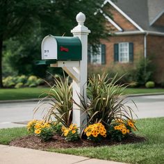 a mailbox in the middle of a flower bed