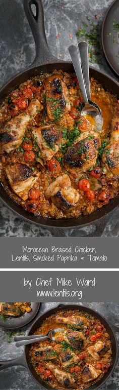 this is an image of chicken with tomatoes and herbs in a cast iron skillet