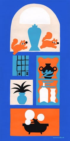 an image of a blue and orange painting with animals on it's windowsill