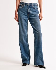 Women's High Rise Loose Jean | Women's Bottoms | Abercrombie.com High Rise Loose Jeans, Female Features, Early 2000s Fashion, Women's Bottoms, Denim Pocket, Denim Crafts, Jeans Dark Wash, Loose Jeans, Denim Cotton