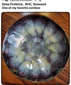 a close up of a bowl on a wooden table with text above it that reads deep fire brick, rhc, seaweed one of my favorite combos