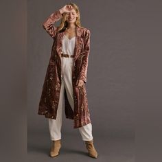 New Anthropologie Velvet Floral Coat In Purplish Pink Color With Beautiful Flower Embroidery , Perfect For Fall Pink Velvet Trench Coat, Velvet Jacket Pink, Anthropologie Sequin Duster, Anthropologie Fall 2022, Anthropologie Coats, Duster Outfit, Velvet Duster, Floral Coat, Embroidered Coat