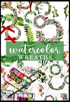 watercolor wreaths with paint and brushes on top of it, surrounded by other supplies