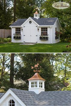 the before and after shots show how to build a shed with windows, doors, and shingles