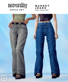 two women in jeans standing next to each other with their hands on their hipss