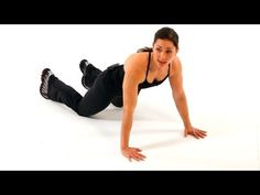 a woman in black shirt and pants doing push up on one leg with white background