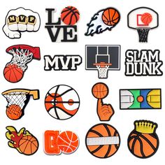 various sports stickers are shown on a white surface, including basketballs and the word love