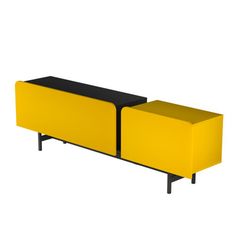 a yellow and black bench sitting on top of a white floor