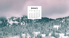 a snowy mountain covered in trees with a calendar on the front and back cover that reads january