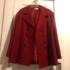 Never Worn Red Coat. Bout At Macy’s Chic Red Pea Coat For Workwear, Red Formal Pea Coat For Fall, Chic Red Pea Coat For Work, Elegant Red Pea Coat For Work, Red Pea Coat With Button Closure For Fall, Red Fitted Pea Coat For Fall, Fitted Red Pea Coat For Fall, Elegant Red Pea Coat For Workwear, Elegant Red Pea Coat For Fall