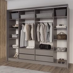 an open closet with clothes, shoes and bags on the shelves in front of it