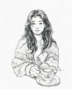 a pencil drawing of a woman holding a coffee cup and looking at the camera while sitting down