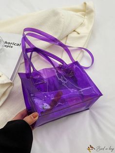 BirdinBag - PVC Mini Square Bag in Clear Purple Hue Trendy Portable Purple Shoulder Bag, Purple Large Capacity Double Handle Satchel, Purple Rectangular Bag With Clear Strap, Purple Portable Bags For Daily Use, Portable Purple Satchel Shoulder Bag, Trendy Plastic Tote Shoulder Bag, Trendy Purple Rectangular Box Bag, Purple Satchel Shoulder Bag, Trendy Square Plastic Bags