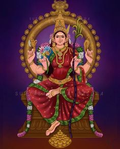 the hindu goddess sitting on a throne with flowers in her hand and holding a staff