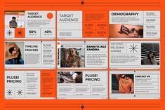 an orange and black brochure with pictures on it