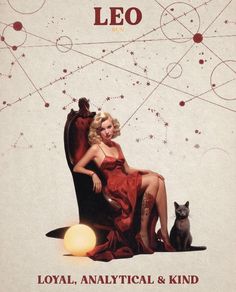 a woman in a red dress sitting on a chair next to a cat and ball