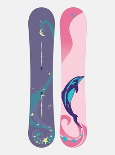 two snowboards side by side one with a dolphin and the other with stars on it