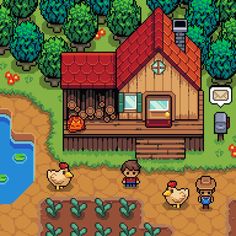 an image of a house in the middle of a field with chickens and trees around it