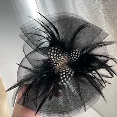 Small Black Derby Wedding Fascinator with Polkadot Feathers Derby Wedding, Black And Black, Wedding Fascinators, Hand Shapes, Left Or Right, Shades Of Black, Right Side, Fascinator, Bouquets