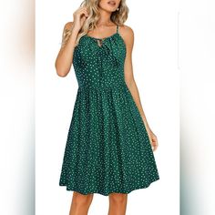 The Casual Swing Dress Is Made Of High Quality Material Which Is Very Soft, Skin-Friendly And Comfortable For Spring, Summer, And Fall Show Off Your Lovable Style In This Must Dress Featuring Polka Dot Detailing Throughout, Sweetheart Neck Line, Empire Waist Line, Ties With Ruching At Front And Adjustable Straps Cute Sleeveless Dress For Women Is Suitable For Any Occasion Such As Women Casual, Beach Vacation, Party, Cocktail, Banquet, Dinner Date, Holiday, Wedding Party, Honeymoon Green Casual Mini Dress With Tie Straps, Casual Green Mini Dress With Tie Straps, Casual Midi Dress With Spaghetti Tie Straps, Casual Green Midi Dress With Adjustable Straps, Green Casual Dress With Adjustable Straps, Green Casual Midi Dress With Spaghetti Straps, Casual Green Mini Dress With Adjustable Straps, Casual Green Midi Dress With Spaghetti Straps, Casual Knee-length Mini Dress With Adjustable Straps