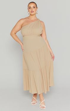 Celestia Midi Dress - Tiered One Shoulder Dress in Sand Sleeveless Midi Dress, Flowy One-shoulder Midi Dress For Brunch, Casual Weekend, Tan Midi Dress, Sand Color, Midi Wedding Dress, Tier Skirt, One Shoulder Midi Dress, Strappy High Heels