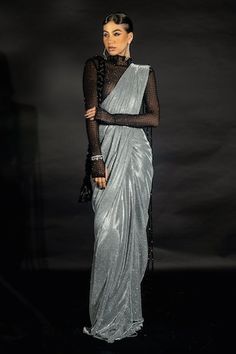 Silver pre-draped saree in a shimmer base with bead embellished tassels on pallu. Comes with sheer padded bodysuit embellished by stones. - Aza Fashions Nikhil Thampi, Sheer Bodysuit, Drape Saree, Band Collar, Sarees Online, Aza Fashion, Volvo, Saree, Collar