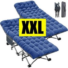 two folding chairs with the xxl logo on them and one chair has an extra mattress underneath it